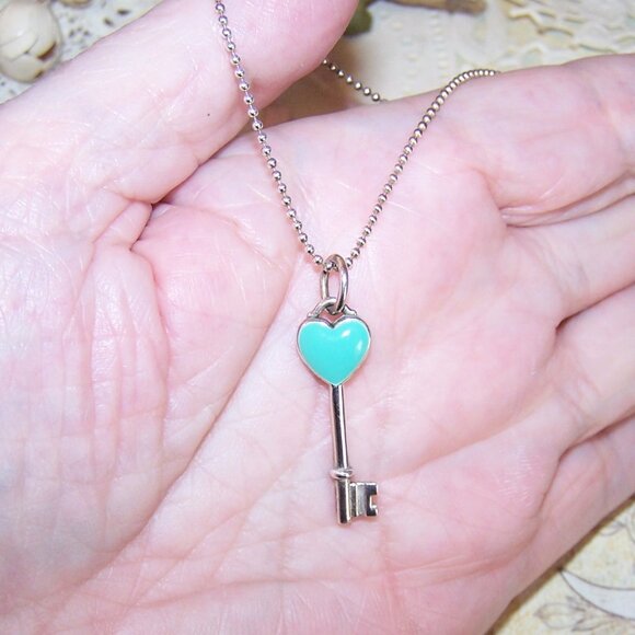 Tiffany & Co Sterling Silver 16" Bead Chain with Blue Enamel Key Pendant - Picture 6 of 9